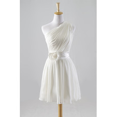 Modern Classy Simple One Shoulder Ruched Knee Length Reception Beach Chiffon Wedding Dress