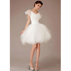 Affordable Charming A-Line V-Neck Lace Tulle Short Beach Wedding Dress for Summer Wedding