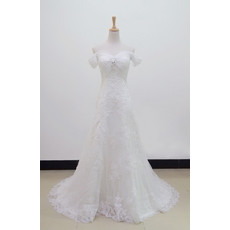 Custom Beautiful High Waist Off-the-shoulder Organza A-Line Sweep Train Wedding Dress