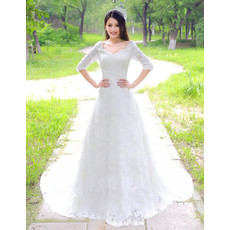 Classy Modest Lace Sleeves Court Train A-Line V-Neck Wedding Dress