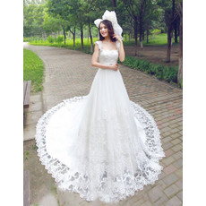 Stunning Lace Chapel Train Straps A-Line Wedding Dress