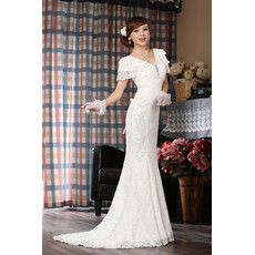 Elegant Lace Mermaid Short Sleeves V-Neck Sweep Train Wedding Dress