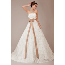 Cheap Vintage Floral Strapless A-Line Sweep Train Dress for Wedding