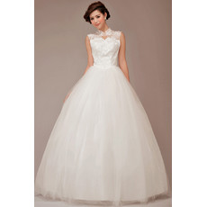 Cheap Modest Fit and Flare Mandarin Collar Organza Ball Gown Long Wedding Dress