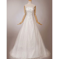 Cheap Custom Classy A-Line Lace Strapless Sweep Train Wedding Dress