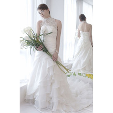 Custom Classic Halter A-Line Court Train Satin Tiered Plus Size Wedding Dress