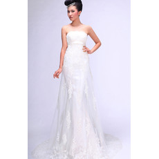 Classic Empire Waist Lace Sheath Strapless Sweep Train Wedding Dress