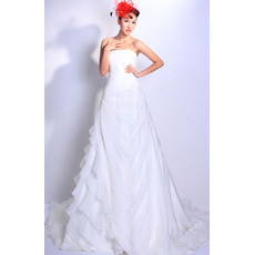 Cheap Classy Luxury Tiered Chapel Train Organza Strapless Wedding Dress