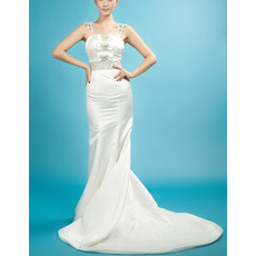 Inexpensive Custom Modern Sheath Spaghetti Straps Sweep Train Satin Wedding Dress