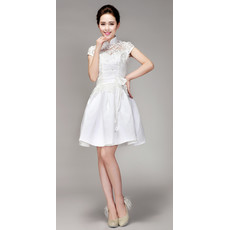 Chic Mandarin Collar Lace A-Line Short Reception Wedding Dress