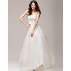 Affordable Fit and Flare A-Line Strapless Floor Length Satin Organza Wedding Dress