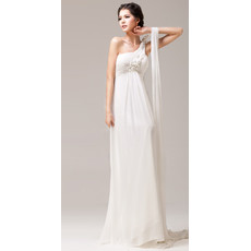 Simple High Waist One Shoulder Chiffon Empire Sweep Train Wedding Dress