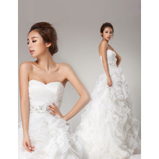 Affordable Romantic Ruffle Sweetheart Organza A-Line Brush Train Wedding Dress