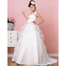 Affordable Timeless One Shoulder A-Line Sweep Train Satin Wedding Dress