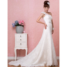 Stylish Elegant One Shoulder Lace A-Line Sweep Train Wedding Dress