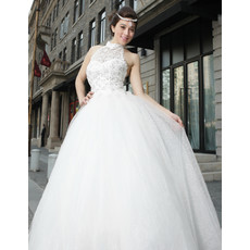 Inexpensive Modern Halter Ball Gown Lace Floor Length Wedding Dress