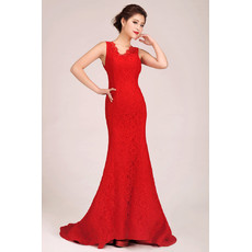 Affordable Mermaid/ Trumpet Lace Red Sweep Train Bridesmaid Dress for Girls