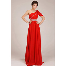 Affordable One Shoulder Chiffon Sweep Train Sheath Bridesmaid Dress for Girls