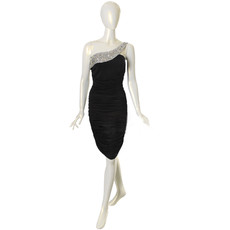 Custom Designer One Shoulder Black Chiffon Sheath/ Column Short Formal Cocktail Dress