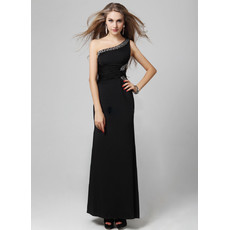 Sexy One Shoulder Black Sheath Floor Length Satin Evening Dress for Women and Girls