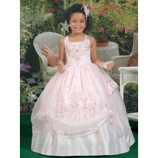Inexpensive Ball Gown Square Organza Full Length Floral First Communion Dress