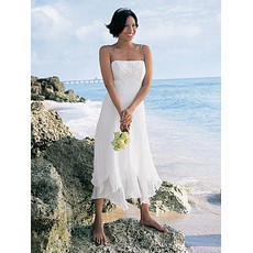 Classic Empire Waist Spaghetti Straps Tea Length Embroidery Ivory Chiffon Beach Wedding Dress