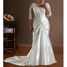 Inexpensive Chic Mermaid Sweep Train Satin Plus Size Wedding Dress with Sleeves