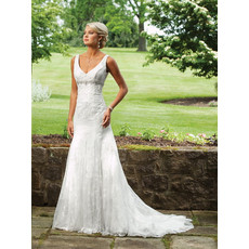 Elegant Mermaid V-Neck Chapel Train Tulle Garden Wedding Dress/ Bridal Gown