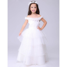 Little Girls Lovely Off-the-shoulder Layered Skirt White First Communion Dress