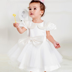 Lovely Little Girl Ball Gown Bubble Sleeves White Short Satin First Communion Dress