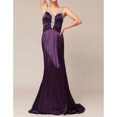 Amazing Designer Sheath Spaghetti Straps Sweep Train Satin Beading Purple Evening Dress