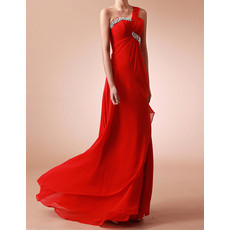 Classic Sheath One Shoulder Long Red Chiffon Formal Evening Dress