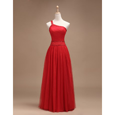 Custom Classic A-Line One Shoulder Sleeveless Red Floor Length Satin Evening Dress