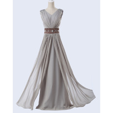 Discount Designer A-Line V-Neck Floor Length Chiffon Formal Evening Dress with Belt
