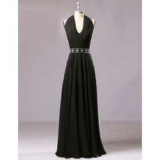 Designer Elegant Halter Floor Length Chiffon Black Formal Evening Dress