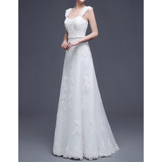 Classy Modest A-Line Straps Floor Length Satin Organza Wedding Dress