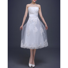 Designer Strapless Satin Tea-Length Reception Wedding Dress