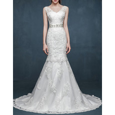 Gorgeous Mermaid V-Neck Sleeveless Sweep Train Satin Wedding Dress