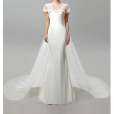 Inexpensive Elegant Sheath Cap Sleeves Floor Length Chiffon Wedding Dress