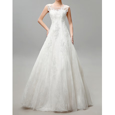 Modern Modest A-Line Bateau Floor Length Tulle Applique Wedding Dress