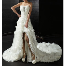 Inexpensive Luxury Strapless High-Low Chapel Train Satin Wedding Dress