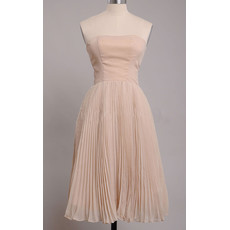 Modest Elegant Pleated Chiffon Satin Strapless Tea Length Bridesmaid Dress