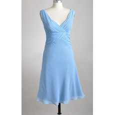 Simple Summer A-Line V-Neck Tea Length Blue Chiffon Bridesmaid Dress