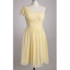 Affordable Custom One Shoulder Chiffon Knee Length Yellow Pleated Bridesmaid Dress