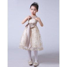 Beautiful Kids Princess Knee Length Lace Flower Girl Dress with Sashes