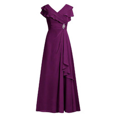 Modest V-Neck Long Purple Chiffon Plus Size Mother of the Bride/ Groom Dress