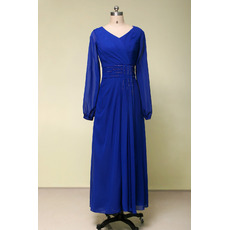 Vintage V-Neck Tea Length Blue Chiffon Formal Mother Dress with Long Sleeves