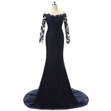 Inexpensive Elegant Sheath Off-the-shoulder Long Lace Mother Dress with Lace Sleeves