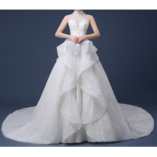 Amazing Luxury High-Neck Chapel Train Organza Lace-Up Wedding Dress