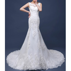 Affordable Elegant Sheath Court Train Satin Tulle Applique Wedding Dress